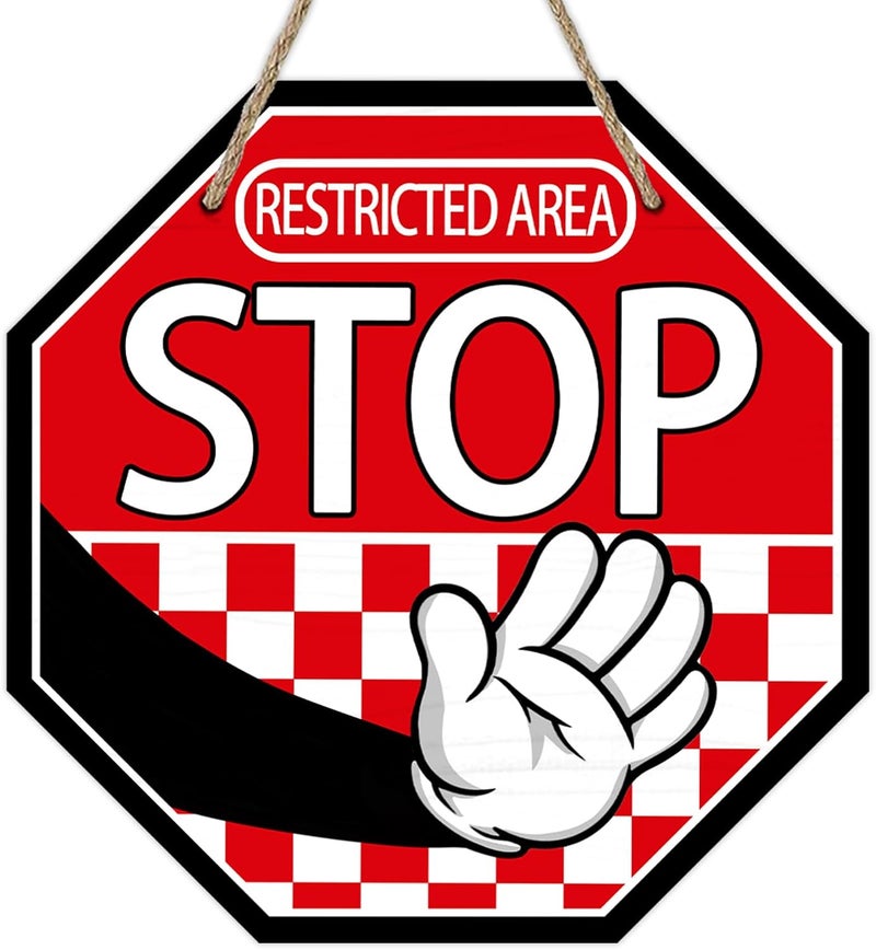 Deroro Restricted Area Stop Front Door Sign, Red Octagon Warning Notice Sign Wood Door Hanger Outdoor Outside Decor, Wooden Wreath Indoor Home Office Business Wall Hanging Decoration - Image 1